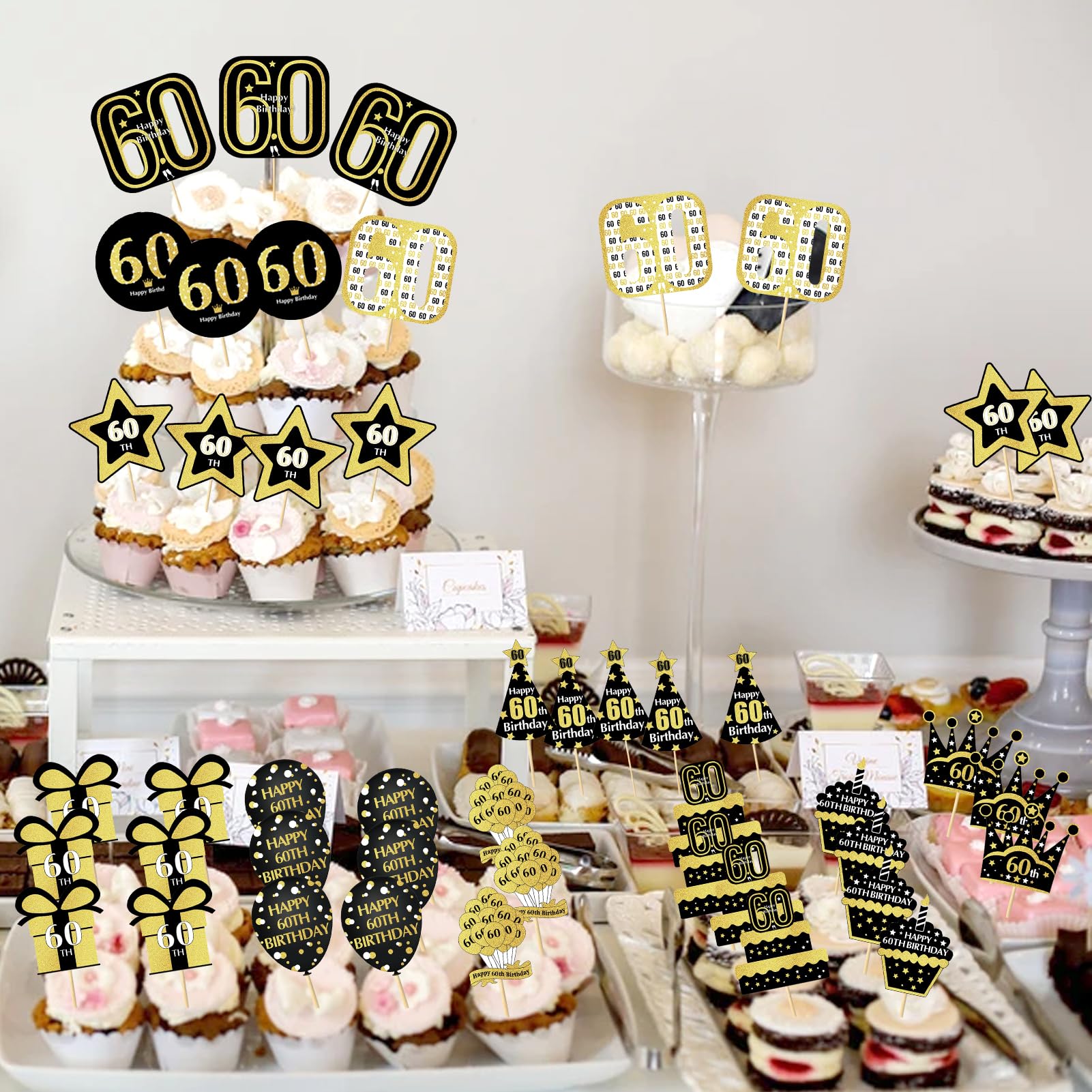60. Geburtstag Deko-Set – Banner, Cake Topper & 8 Cupcake-Spicker
