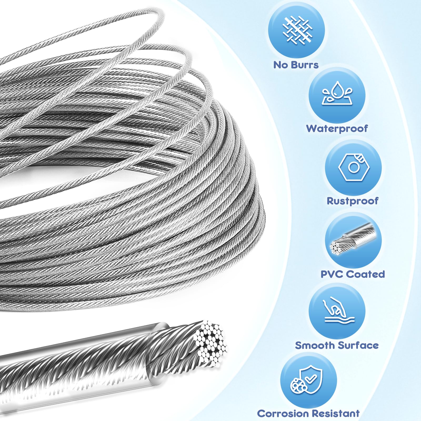 Kit de câble en acier inoxydable de 3 mm - 30 m - Avec 20 manchons de sertissage en aluminium et 10 cosses en acier pour suspendre, regrouper, bricolage, fil de jardin pour plantes grimpantes