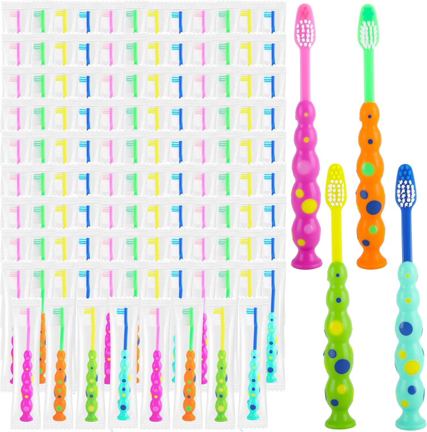 120 Pcs Student Toothbrush Bulk with Suction Cup Soft Bristles Individually Wrapped Lovely Multicolor Toothbrushes for Boys Girls Home School Travel, 4 Colors