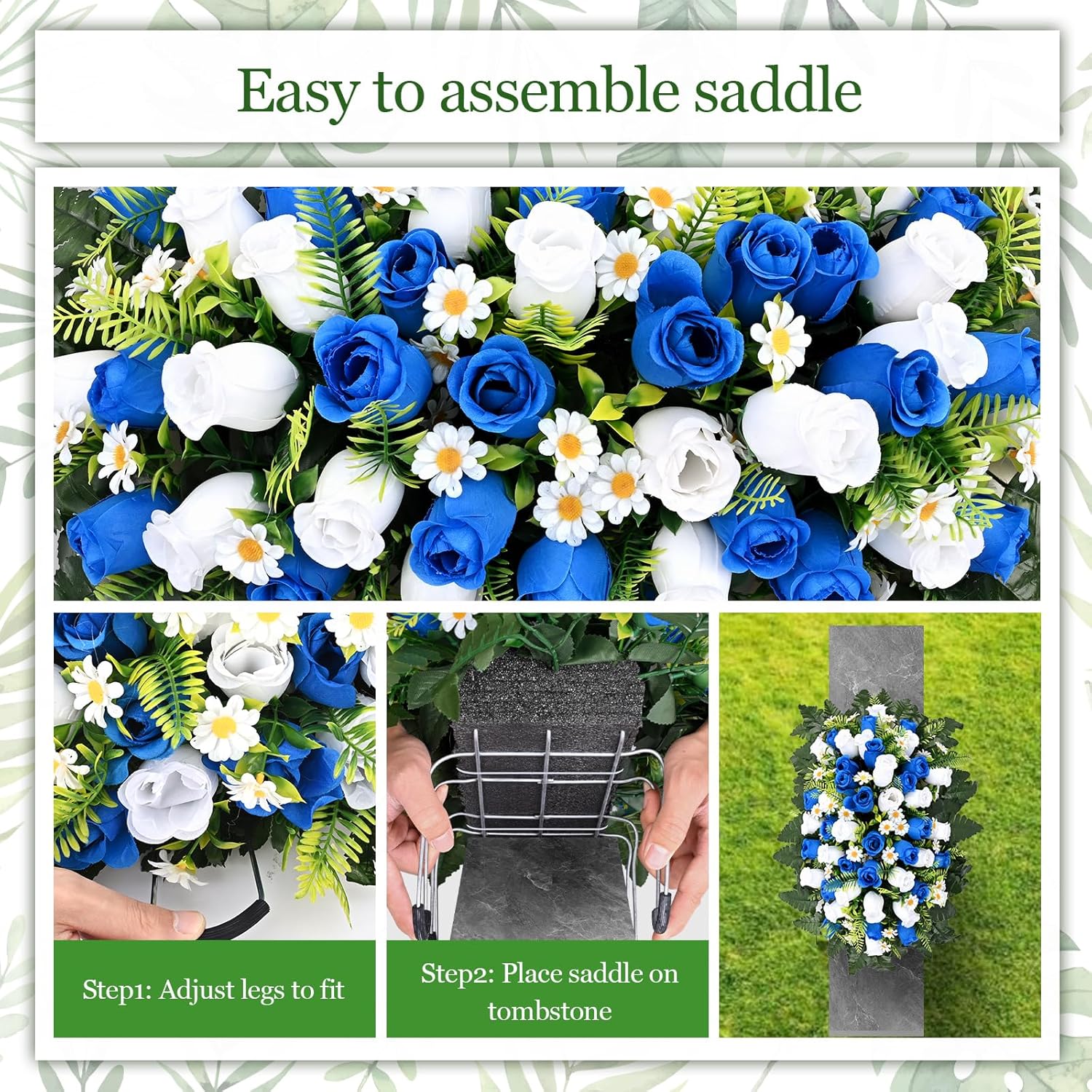 Dolicer Artificial Cemetery Flowers for Grave, Headstone Flower Saddle Look Real Grave Memorial Flowers for Cemetery UV Resistant Rose Flowers for Headstones Cemetery Grave Decorations (Blue, White)