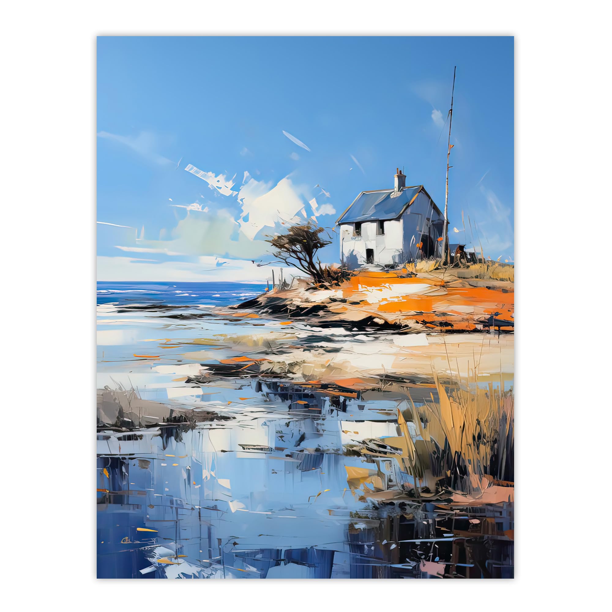 Artery8 The Old White Crofters Cottage Oil Painting Palette Knife Blue Orange Serene Scottish Coastal Landscape Extra Large XL Wall Art Poster Print