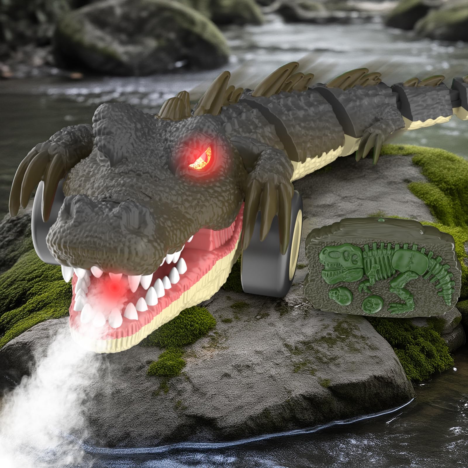 WOANZZ 2.4G Remote Control Crocodile Car Toy for Boy Girl Toddlers, Realistic RC Alligator Toys with Rolling, Turns, Slides, Spray, Light, Indoor Outdoor Crocodiles Gift for Kids Ages 3 4 5 6 7 8 Gray