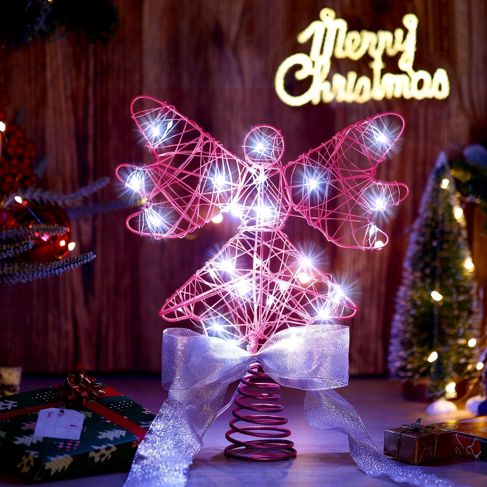Angel Christmas Tree Topper with Bow and LED Light String, 9 Inch Lighted Glittered Angel Treetop Xmas Holiday Christmas Decorations Ornament, Not Pre-lit(Pink)