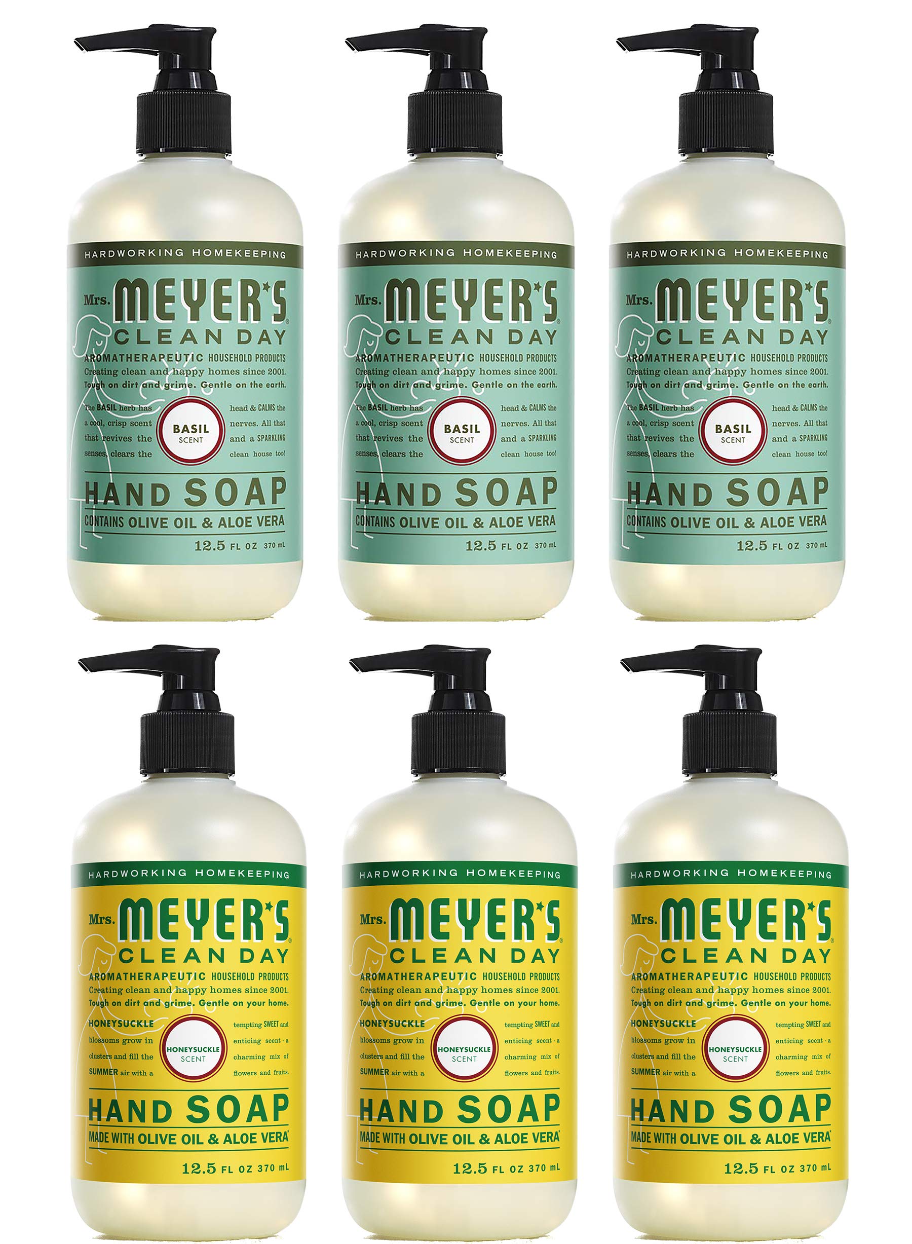 Mrs. Meyer's Clean Day Liquid Hand Soap Variety, 3 Basil, 3 honeysuckle, Cruelty Free and Biodegrada