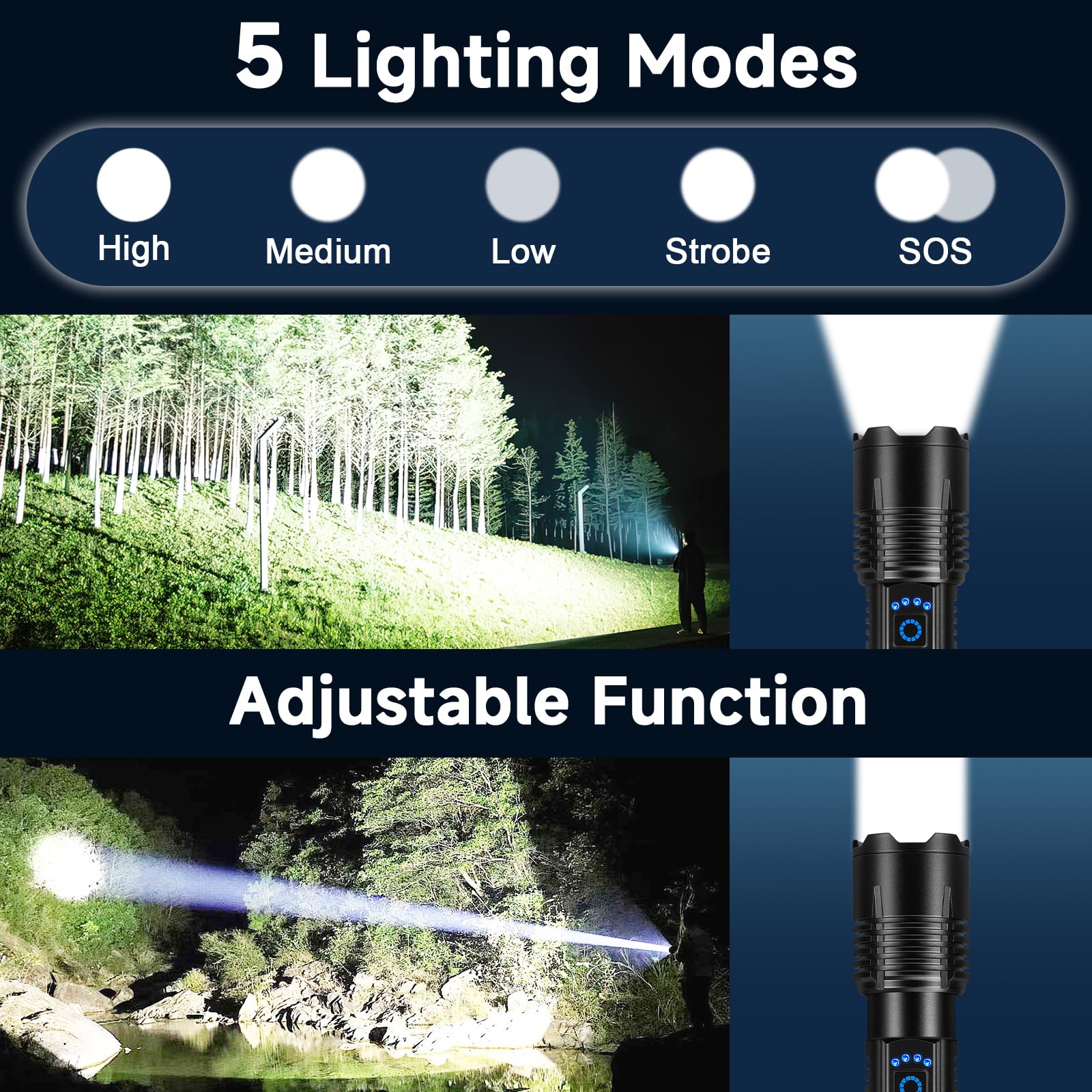 Lot de 4 lampes de poche rechargeables haute luminosité, 99 000 lumens, super lumineuses, 5 modes réglables, puissantes, pour la maison, le camping, la randonnée