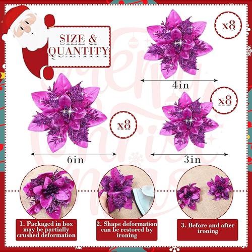 Miniatura 2 de 24 flores de Pascua artificiales con purpurina para Navidad, flores de Pascua artificiales para decoración de árbol de Navidad con clips para
