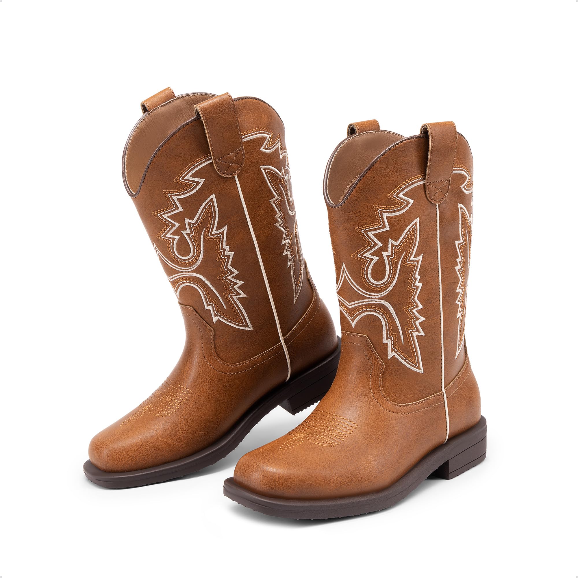 DREAM PAIRS Bottes de cowboy mi-mollet pour garçons et filles Bottes d'équitation à bout carré pour enfants, marron, 32 EU