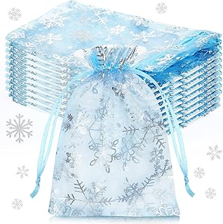 100 Pcs Christmas Snowflake Organza Gift Bags 4 x 6 Inch Small Mesh Jewelry Pouches Mini Drawstring Candy Bags Goody Bag Organza Favor Bags for Christmas, Winter Party, Jewelry, Festival (Light Blue)
