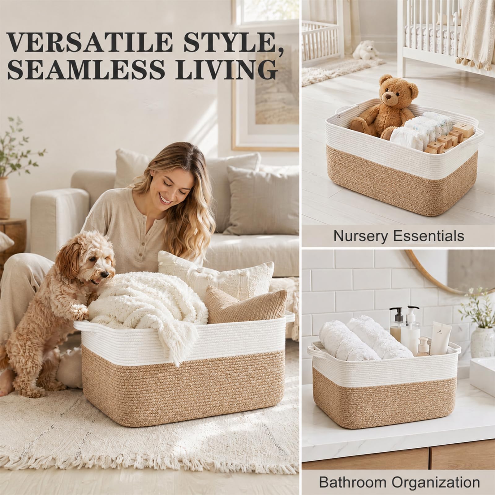 Cesto da 50 L in corda di cotone Umllpet, cesto per la lavanderia intrecciato con manici, pieghevole, per giocattoli e coperte, contenitore per biancheria, coperte, soggiorno, camera da letto, 48 x 34
