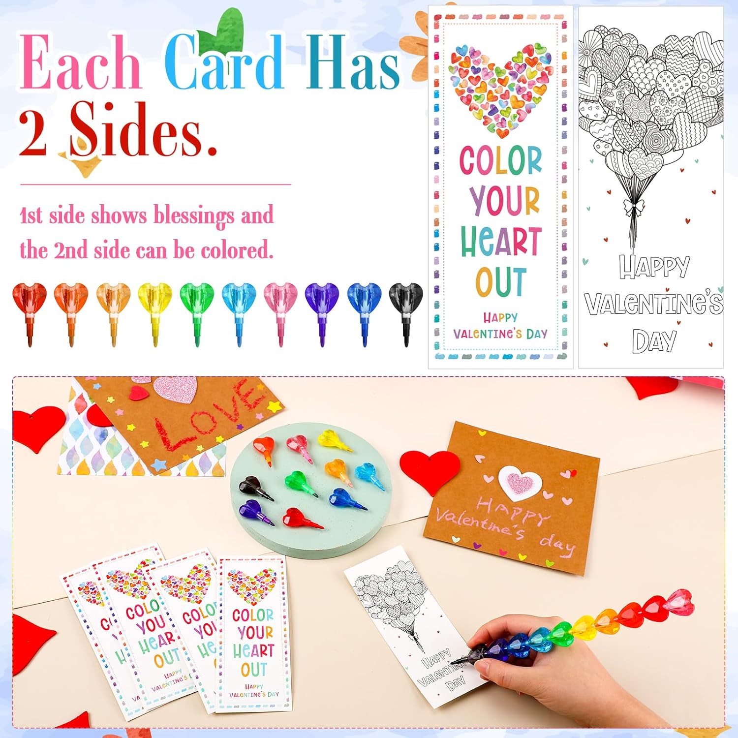 Sayglossy 50 Set Valentine's Day Gift Bulk Heart Stacking Crayons Colorful Stackable Buildable Crayons with Valentines Card Sticker Valentine Party Exchange Gift for Party Supplies
