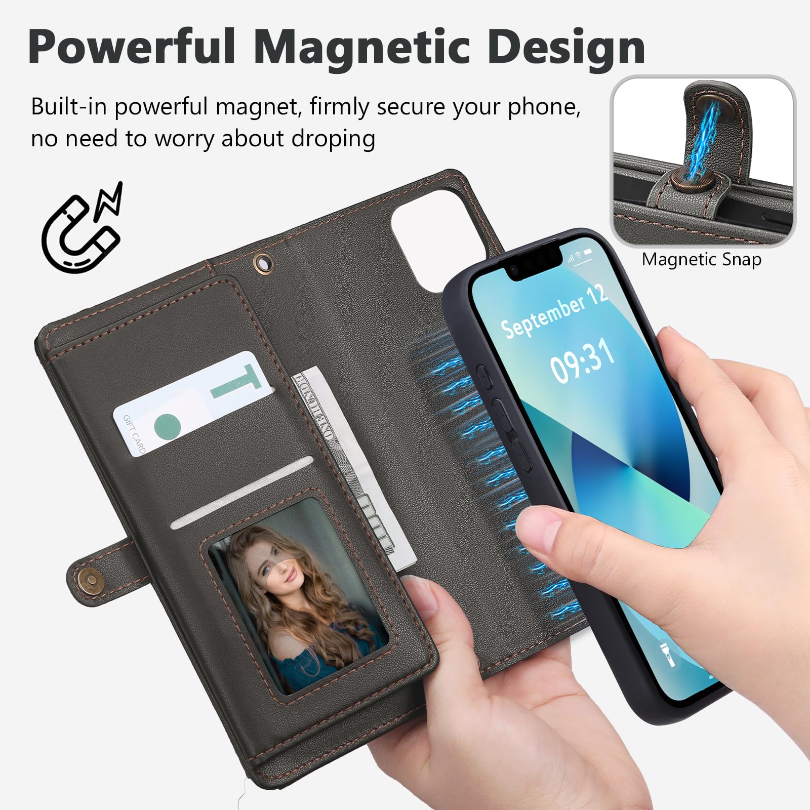 Custodia a portafoglio per iPhone 13 con porta carte di credito/portafoglio a tracolla/cinturino, blocco RFID, magnetica, cavalletto, staccabile, custodia in pelle PU per iPhone 5,2 pollici