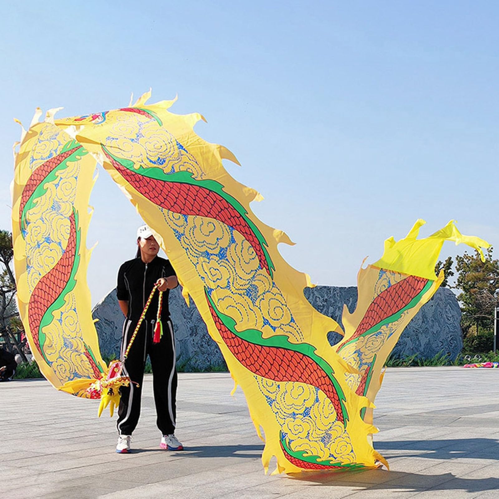 JAYWIS Dragon Poi Outdoor Exercise Dance Dragon Poi, Silk-like Dragon Ribbon Streamer with Dragon Head ＆Travel Bag, Dragon Flinging Ribbo for Fitness/Juggling (Color : Yellow, Size : 6 m (20 ft))