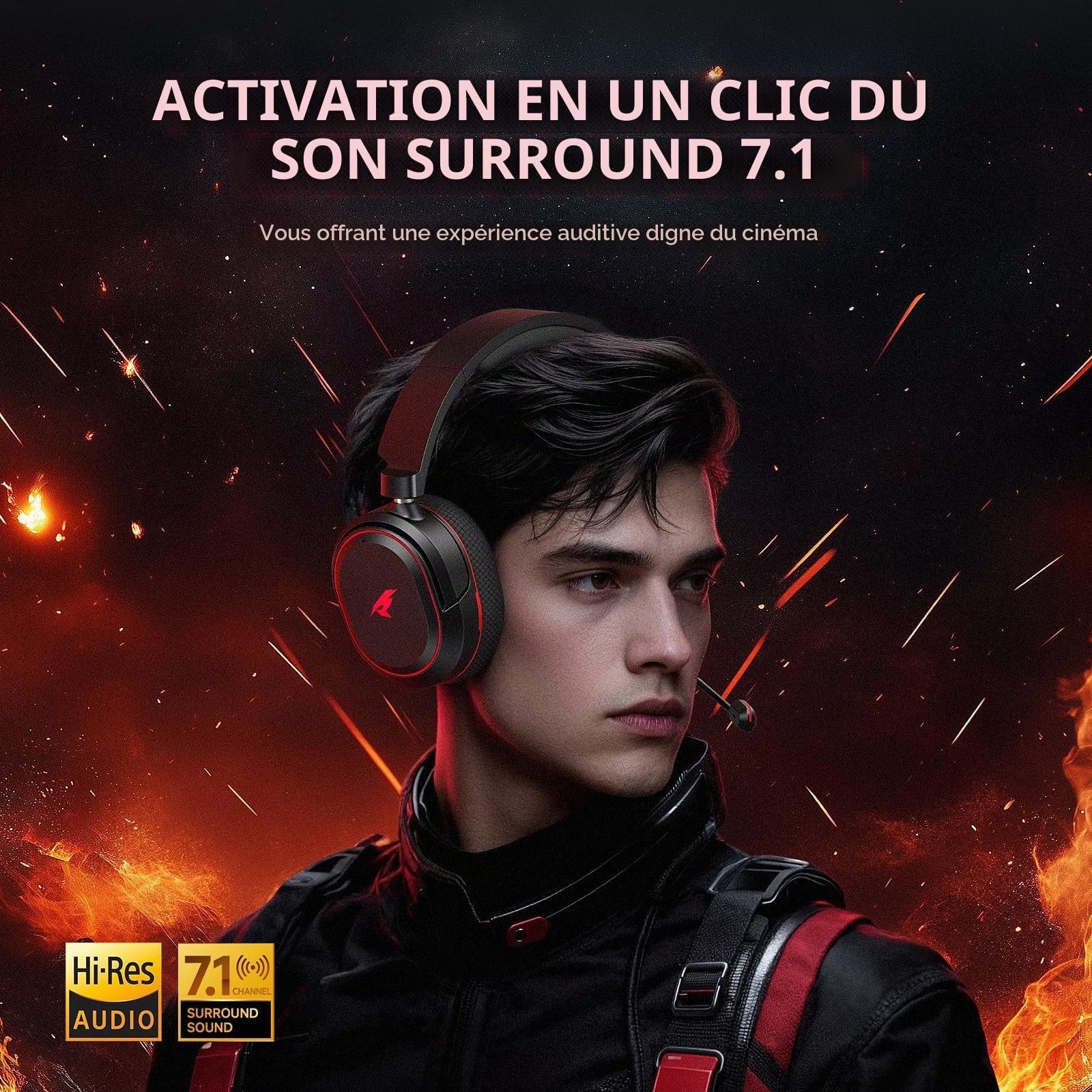 Picun G2 Casque de jeu sans fil, son surround virtuel 7.1, 2,4 GHz/Bluetooth 5.4/filaire, latence ultra-faible de 5 ms, batterie 100H, microphone antibruit ENC, RVB, pour PC PS5 PS4 Switch (noirrouge)