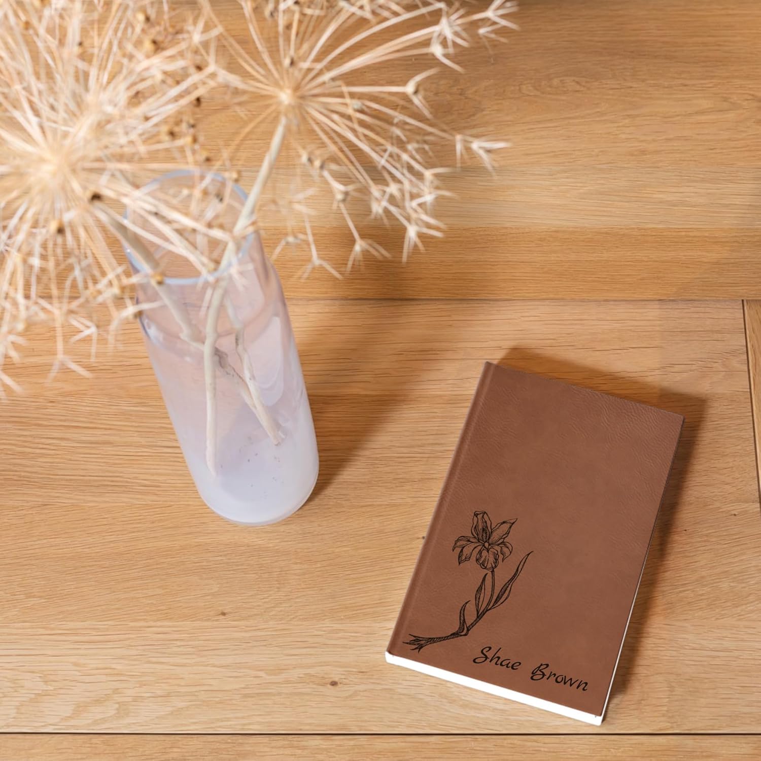 Personalized Gift Hardcover Leather Journal, Diary, Sketchbook, Notebook, custom cover original art birthflower 12 design, custom laser engraved text, 7 colors (White, Lined or Blank)