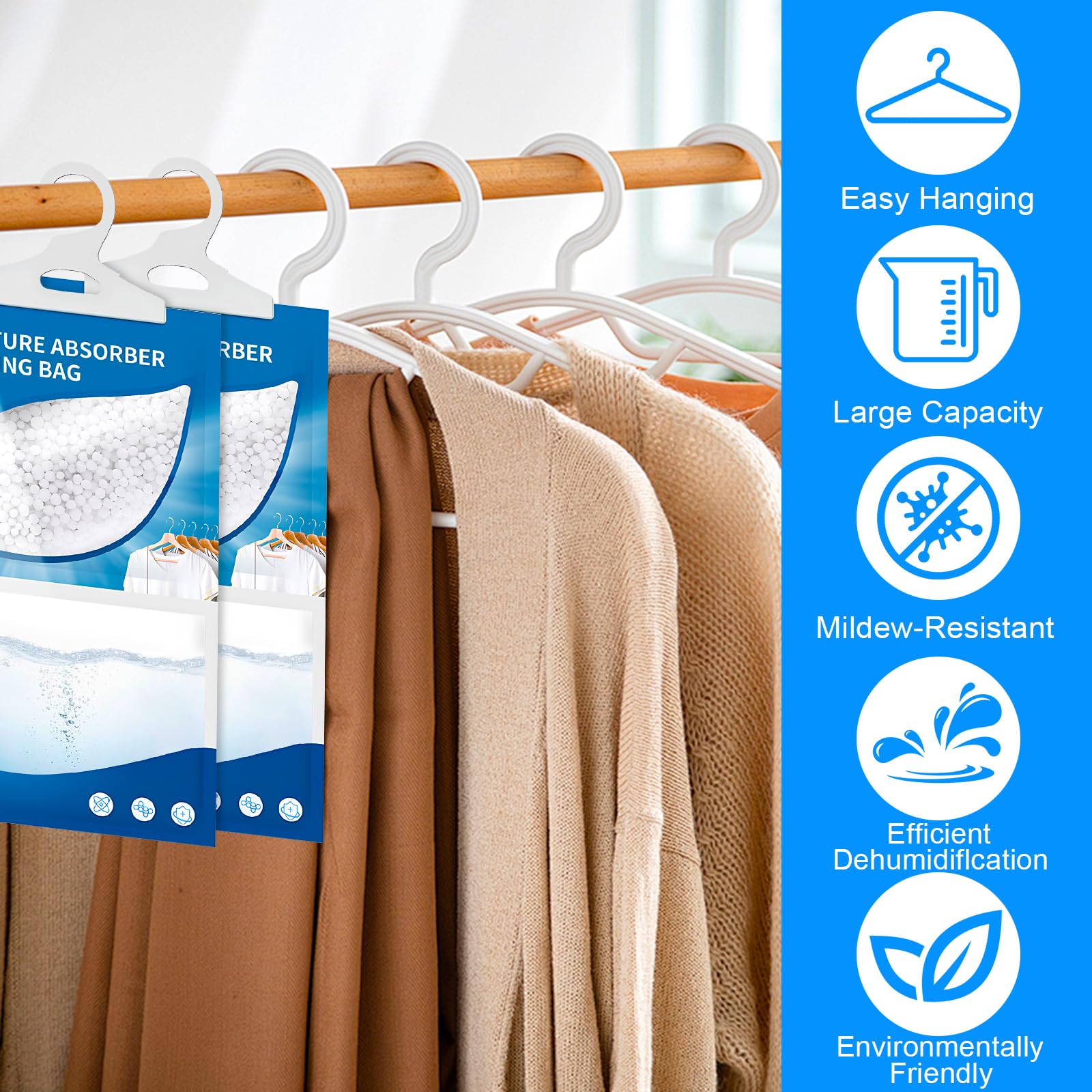 6 x 230g Absorbeur d'Humidité, Sachets Déshumidificateurs Suspendus pour Placard, Set Anti-Moisissure et Humidité pour Cuisine, Salle de Bain, Garde-Robe, Voiture, Élimine les Odeurs