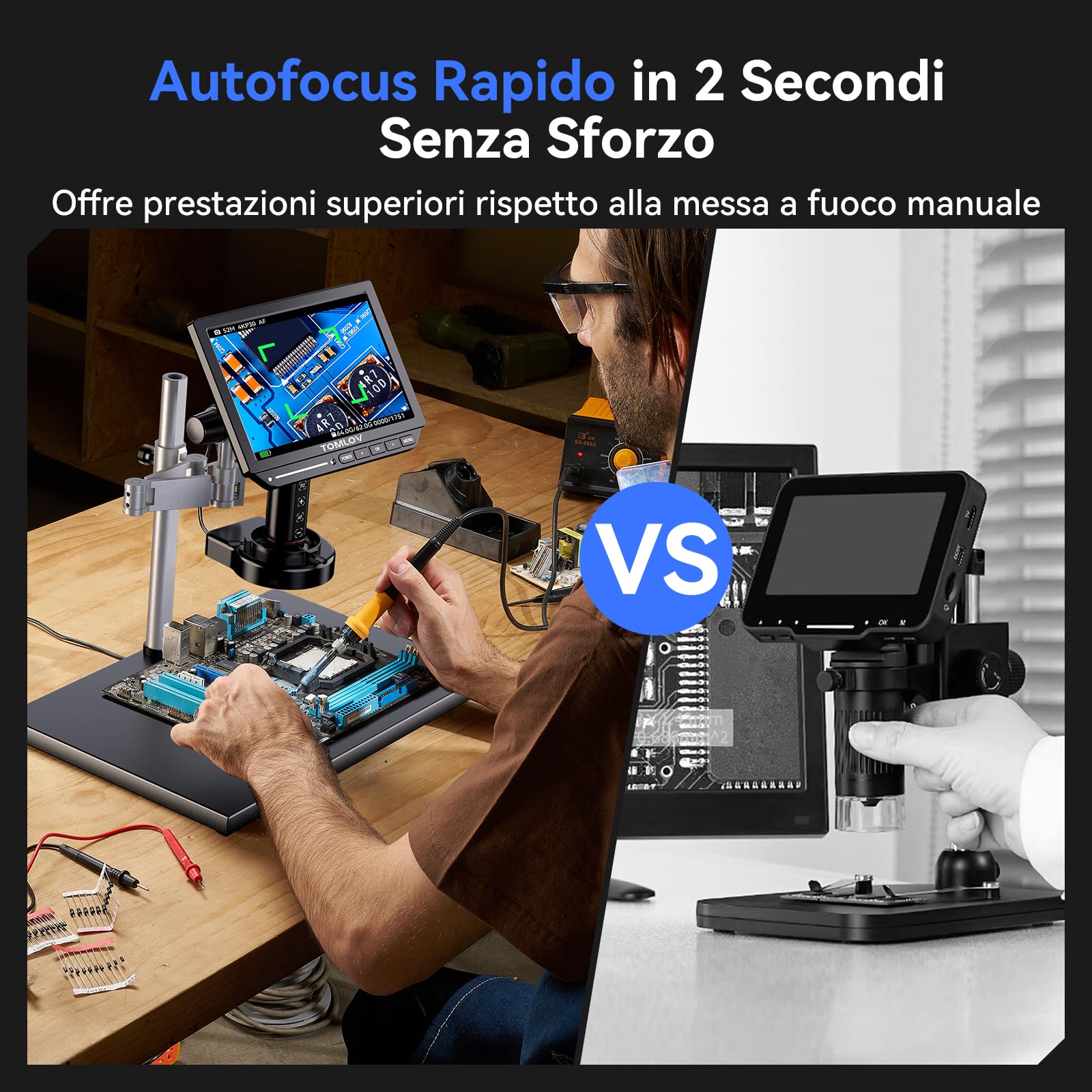 TOMLOV TM4K-AF Max Microscopio Digitale Autofocus 4K 2000X, Schermo IPS da 10,1" con Braccio Rotante, Fotocamera da 52MP HDMI per Monete e Saldatura, con Luce ad Anello, Compatibile PC/TV, 64GB