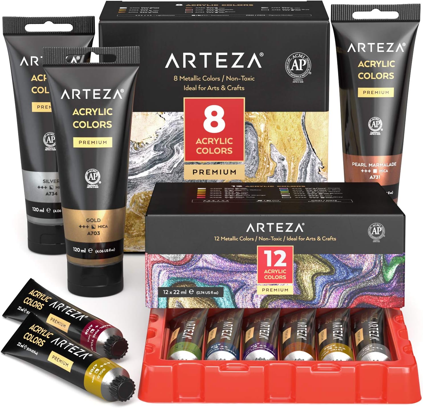 ARTEZA Metallic Acrylic Paint Set of 12 Colors with