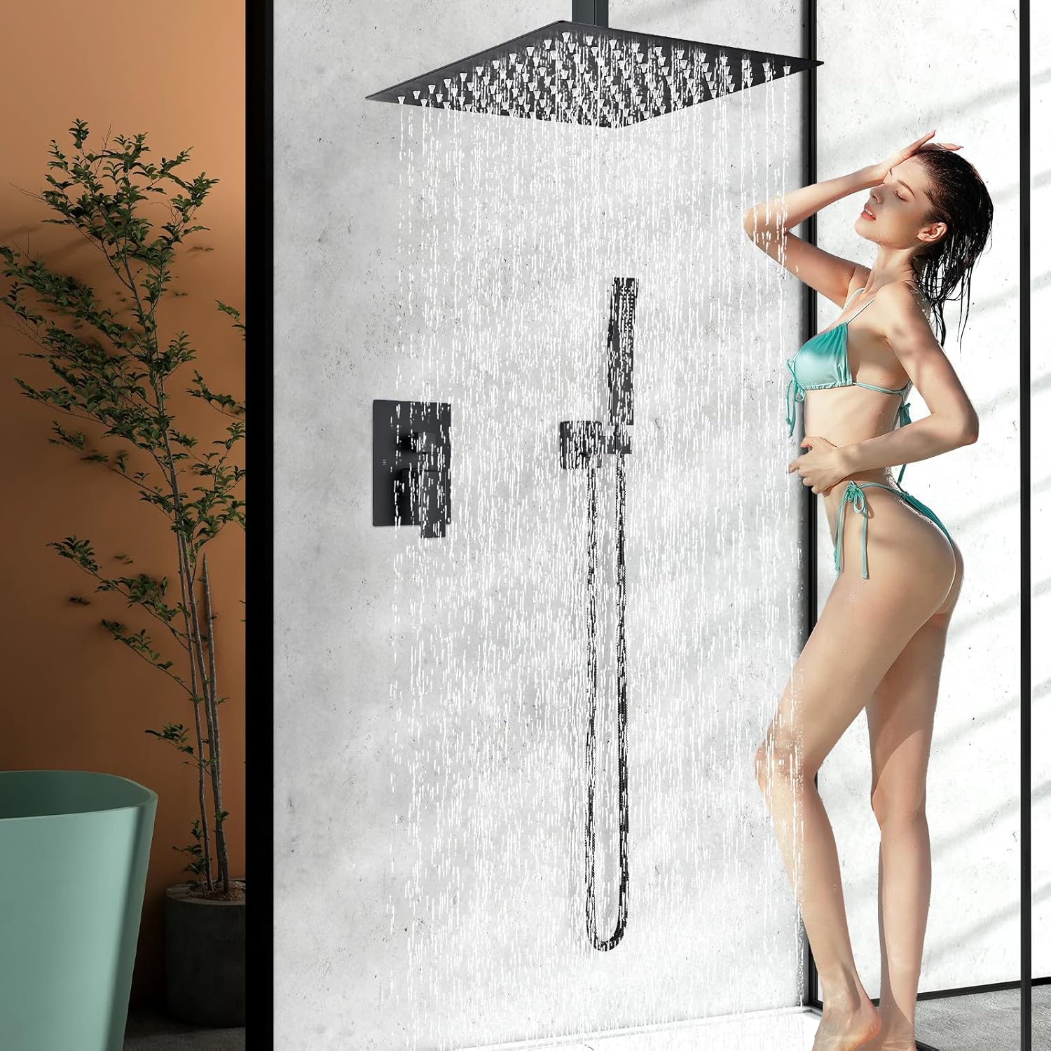 Shower Faucet Set Matte Balck Rain Shower System with High Pressure 12 Inches Rain Shower Head and Handheld Spray Bathroom Luxury Rain Mixer Shower Complete Combo Set Ceiling Mounted