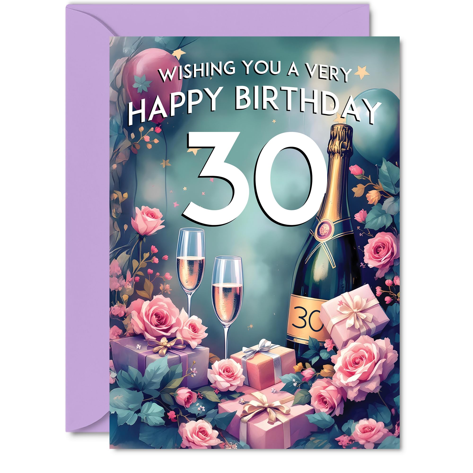 30th Birthday Card - Pink Presents Champagne Bottle - Gorgeous Pretty Beautiful Birthday Cards for 30 Year Old Woman Women, A5 Greeting Cards Gift
