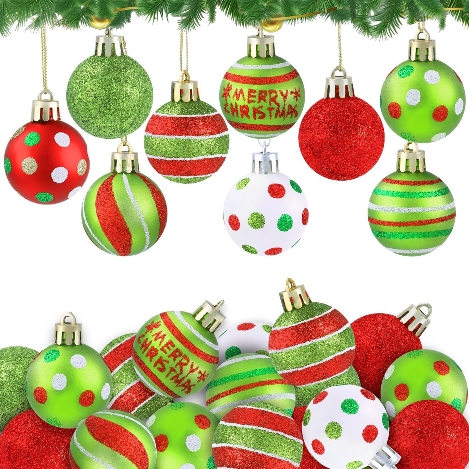 JOLCEEY 36pcs Mini Christmas Balls Ornament, 1.57 Inch Red Green Christmas Tree Baubles Glittering Little Xmas Shatterproof Balls for Tree Decoration Home Indoor Holiday Party Decor