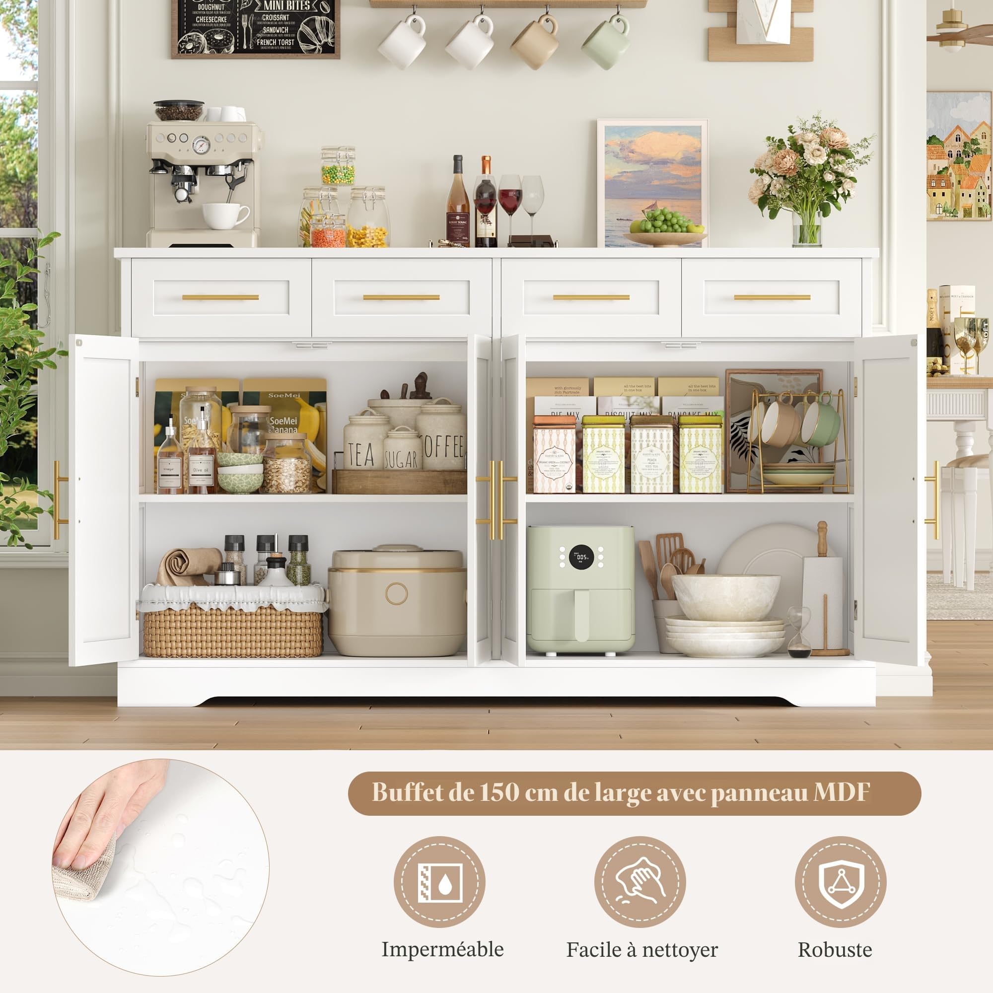 HOCSOK Buffet Cuisine, 150 cm Meuble Cuisine avec 4 Tiroirs 4 Portes, Blanc | Buffet Salle a Manger avec Poignées Dorées, Meuble de Rangement pour Salon, Cuisine, Couloir, 150×40×92 cm