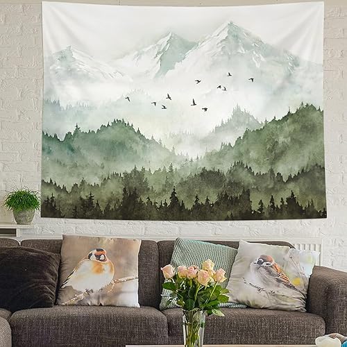 Miniatura 3 de kampdream Tapiz de bosque de montaña, tapiz de pared de paisaje verde salvia brumosa y verde salvia, tapiz de pared, paisaje natural para