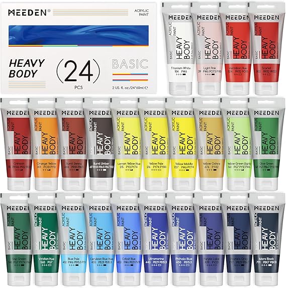 MEEDEN Heavy Body Acrylic Paint - Basic 24 x 60ml (2 oz) Color Paint Set for Adults - Rich Pigment Art Craft Paints for Canvas Clay Wood