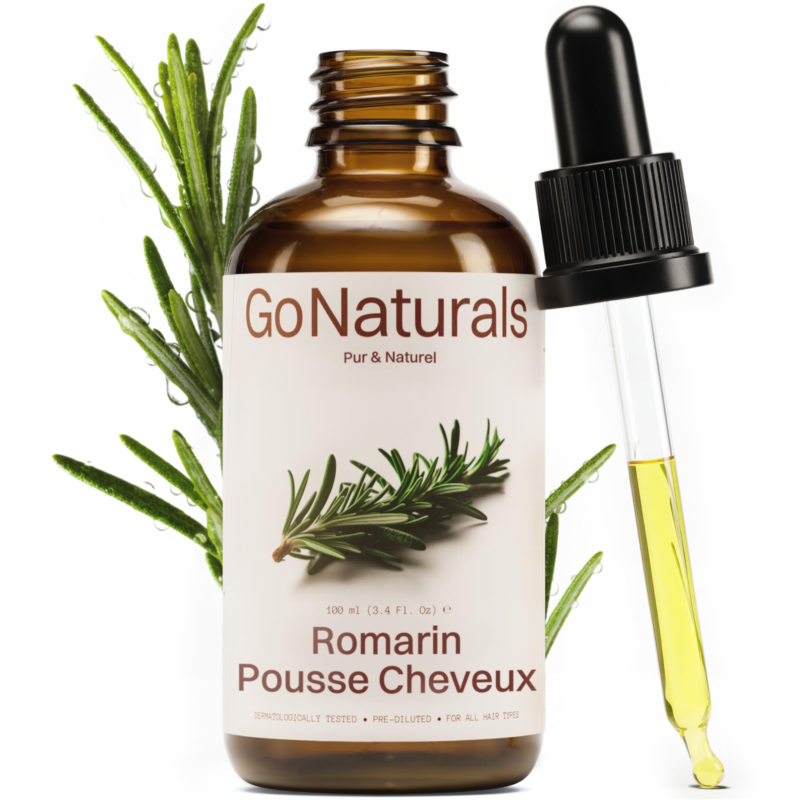 GoNaturals Huile de Romarin pour Cheveux -100ml- Favorise la Pousse et Ralentit la Chute - Rosemary Oil for Hair Growth - Huile Romarin Cheveux, Vitamine E, Onagre, Chanvre - Flacon Verre, Pipette