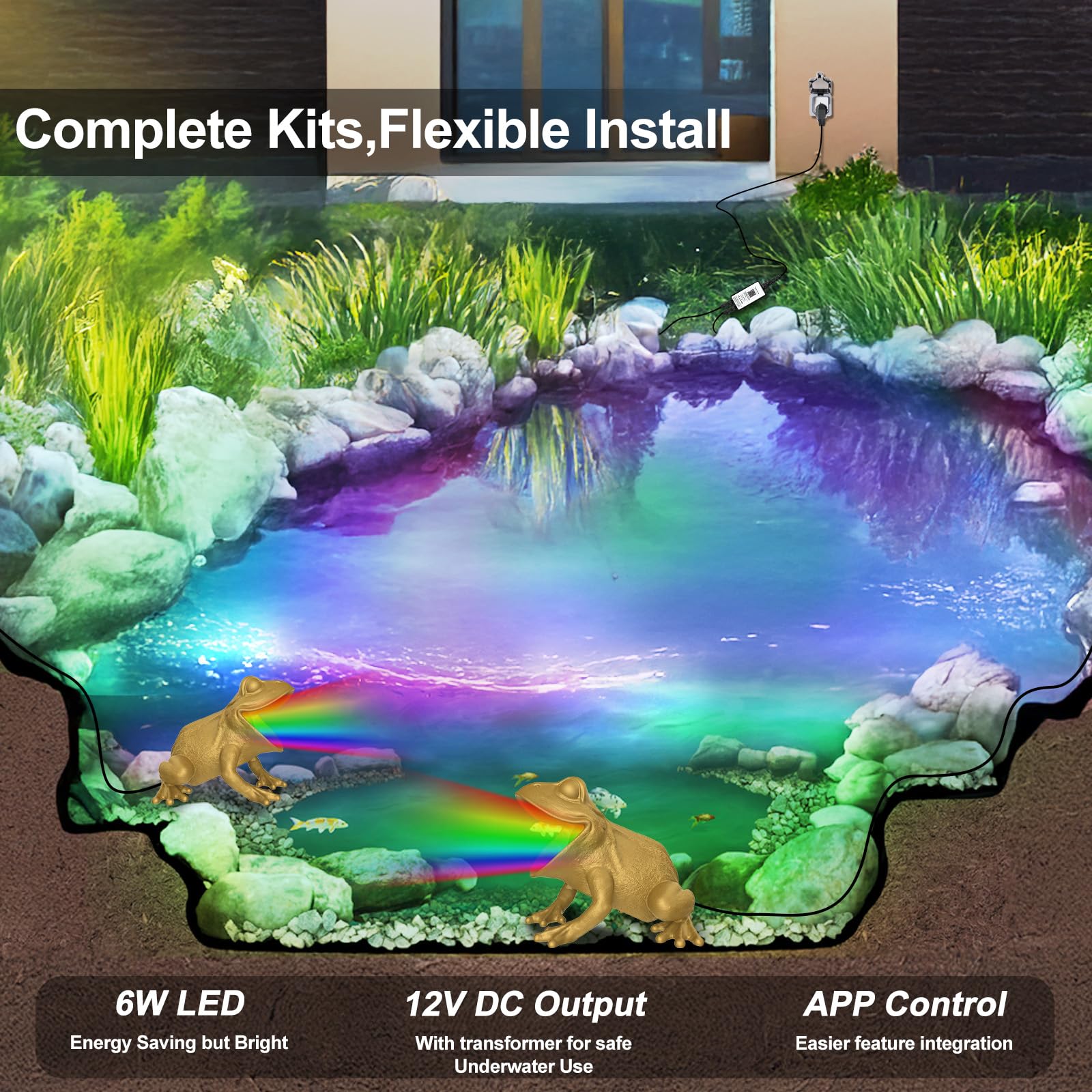Luci per Laghetto Sommerse con Controllo APP, 6W Faretti per Laghetto IP68 Impermeabile, Luci per Laghetto con 12V Trasformatore e Timer per Fontana Giardino Cascate Marrone sabbia Set 2