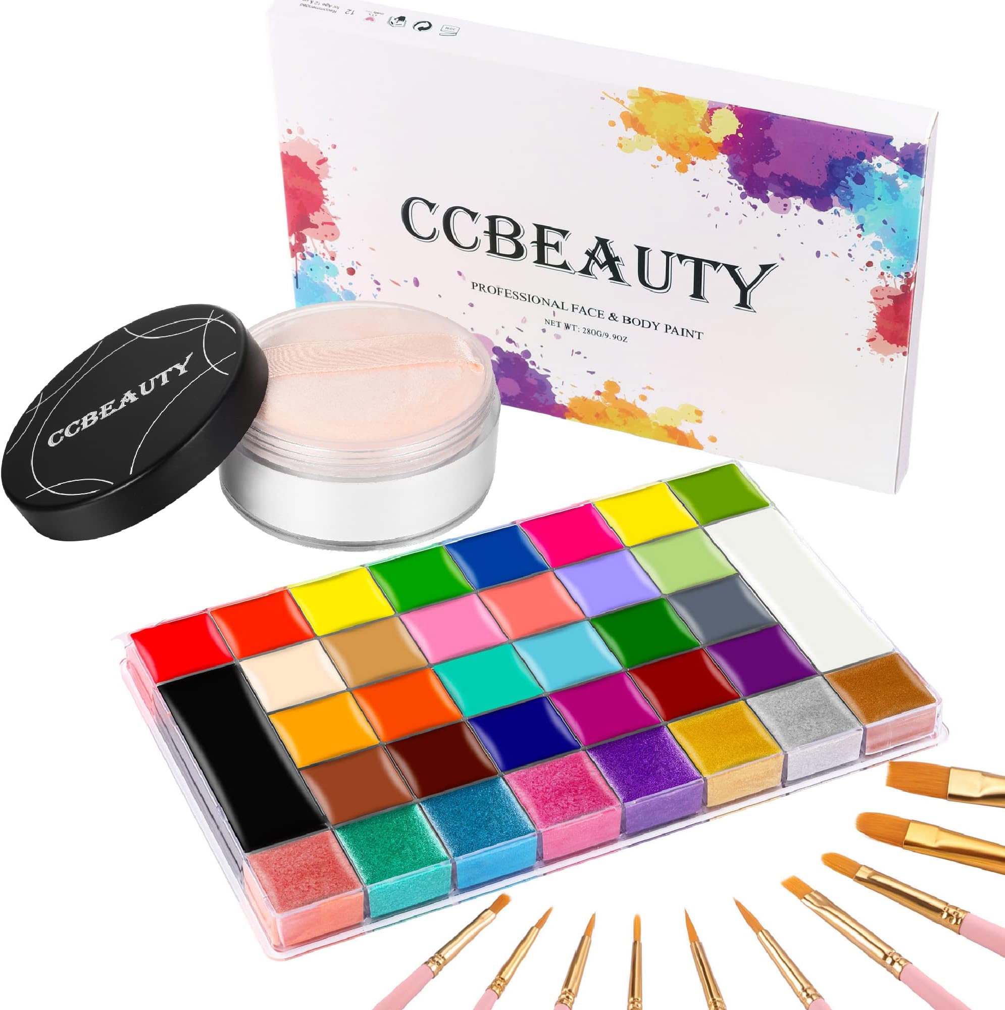 CCBeauty Face Body Paint Oil Palette Professional 36 Colors Face Painting Kit Cosplay Makeup with Translucent Setting Powder，10 Pink Brushes Halloween SFX Clown Makeup Kit for Adult