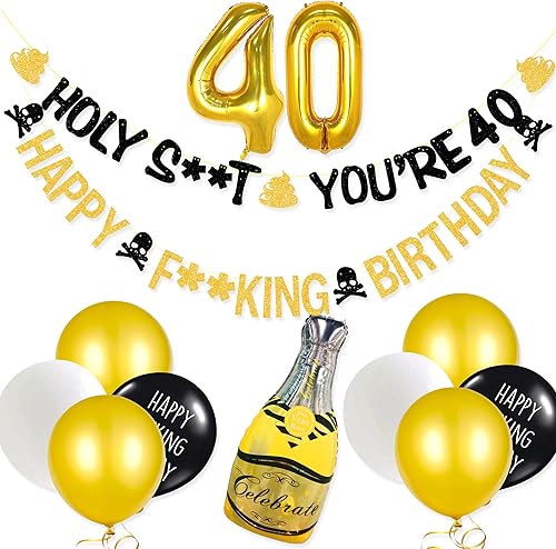 Miniatura 1 de Divertida pancarta de cumpleaños número 40 con texto en inglés Holy Shit Youre 40 Happy Fucking globo de papel de aluminio 40 negro dorado 40