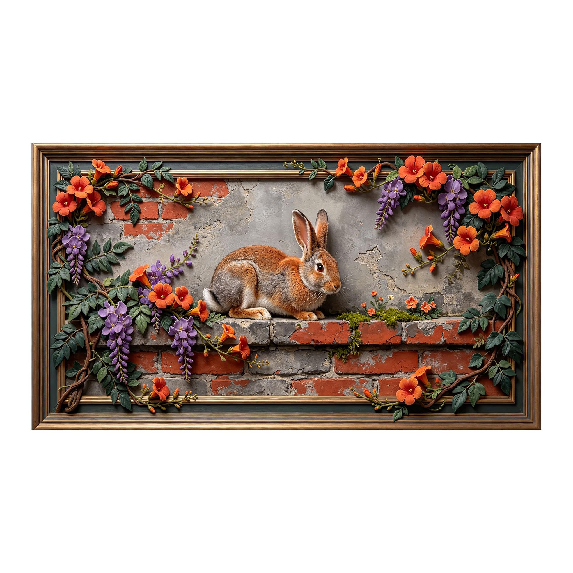 Yzpallescene 3D 3D Framed Wall Art 50cm×90cm Rabbit Brick Wall Floral Botanical Realistic Large Size SelfAdhesive Removable Wall Decor Prints Artwork for Living Room Bedroom Office