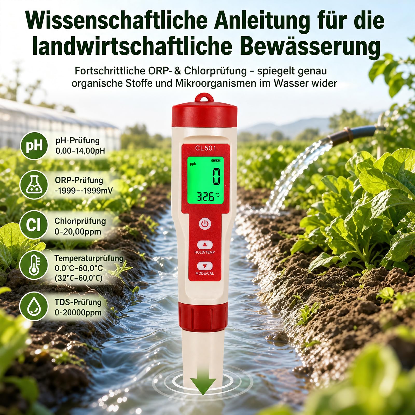 ph und chlor messgerät pool, pH Messgerät Wasser, chlortester pool digital 5 in 1, pH Chlor ORP H2 Temperatur messbar, water tester für Pools Hydrokultur Aquarien Trinkwasser