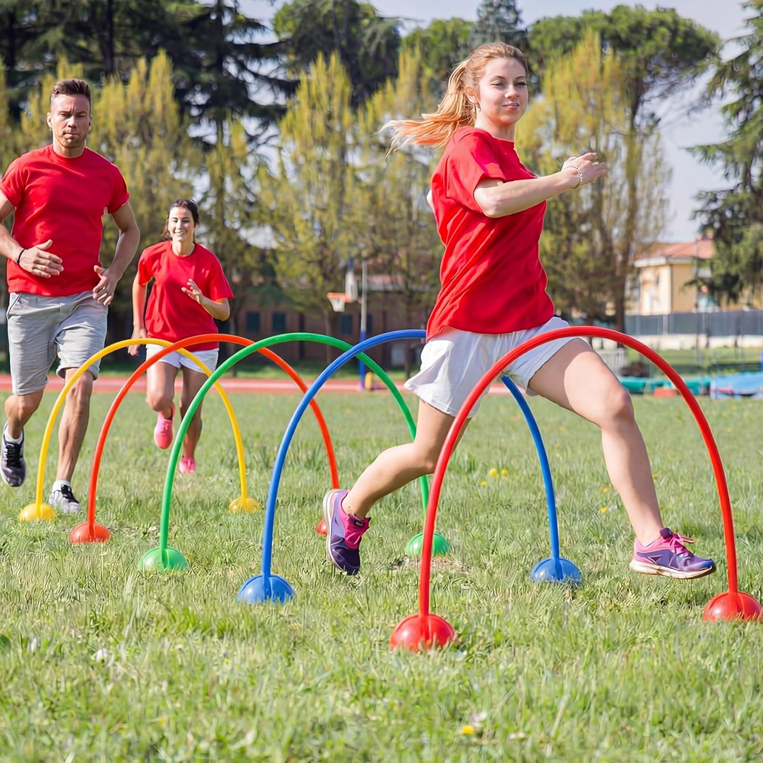Hiboom 6 Set Multi-Dome Arch Gates Set Include 6 Obstacle Course Arch Gates with 12 Domes Base Rainbow Color Sport PE Equipment for Adult Obstacle Course Outdoor Backyard Lawn Sports Games