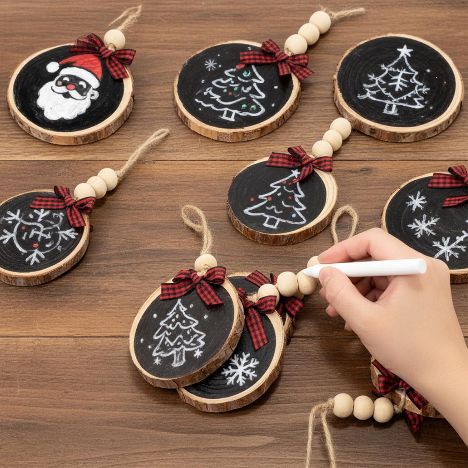 Sawysine 36 Pcs Wooden Christmas Ornament 2.8 to 3.2 Inch Craft Wooden Kit Natural Wood Slices with Round Natural Wood Beads and Buffalo Plaid Bow for Arts and Crafts Christmas Ornaments(Black)