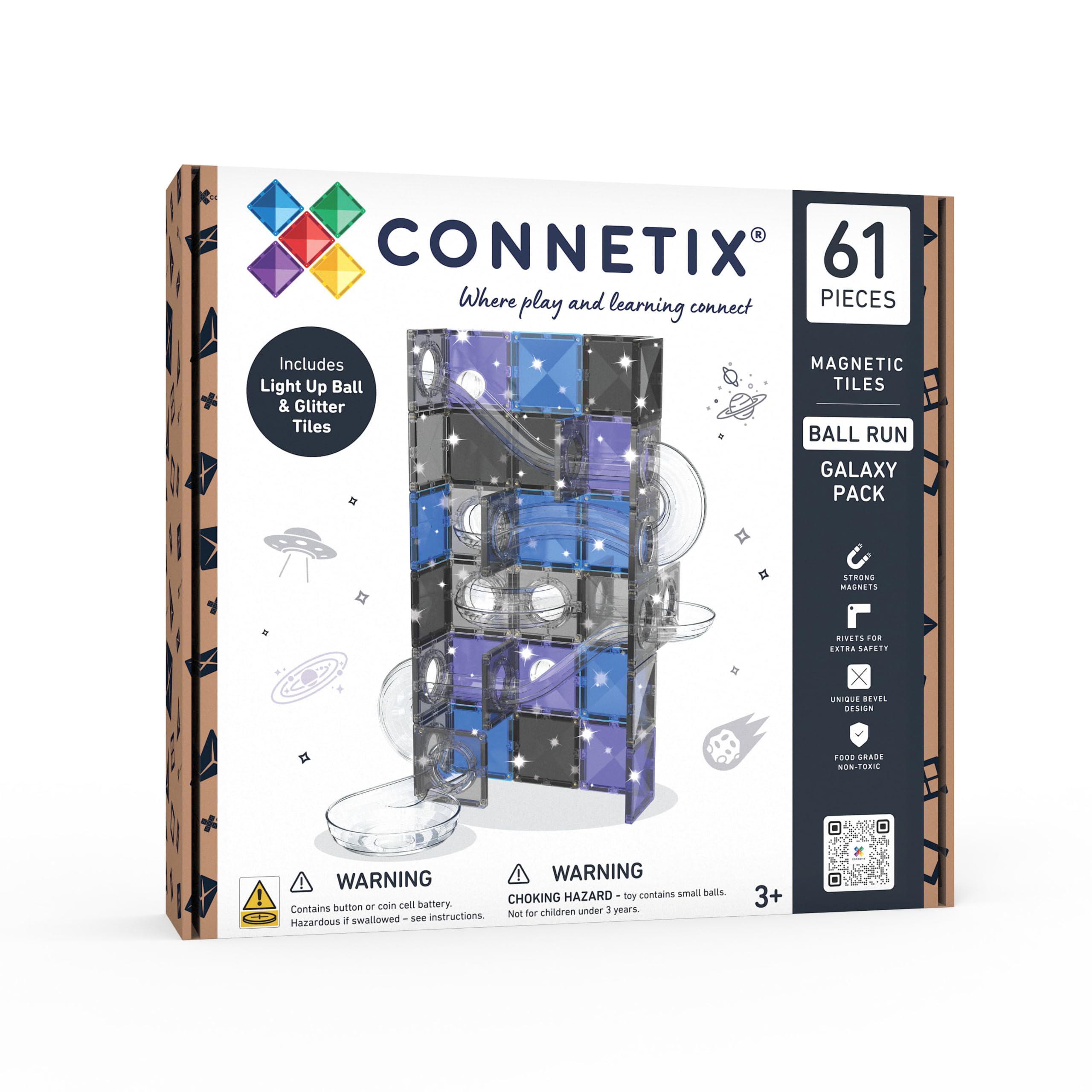 CONNETIX Magnetische Bausteine Kugelbahn Galaxie Pack, 61 Stück | Erschaffe funkelnde, weltraum-inspirierte Kugelbahnen mit Leuchtkugeln, Glitzerfliesen und klaren Röhren. Ab 3 Jahren.