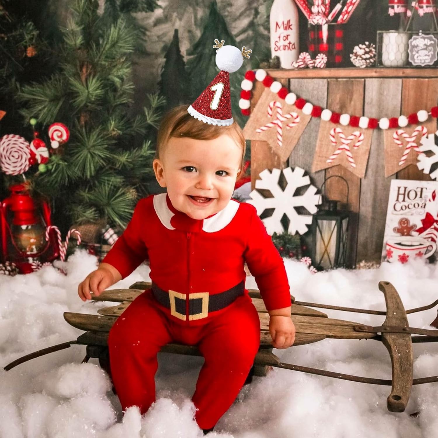 Christmas Red Reindeer 1st Birthday Hat - My 1st Christmas Birthday Hat, Winter Holiday First Bday Decoration for Kids, New Year Party Hat, Cake Smash Props - Image 2