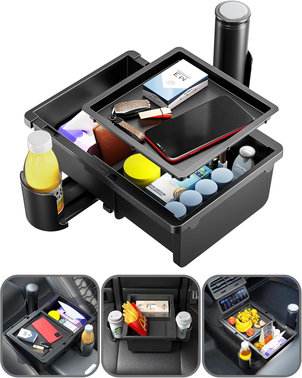 Car Universal Center Console Organizer Storage with Adjustable Cup Holder Floor