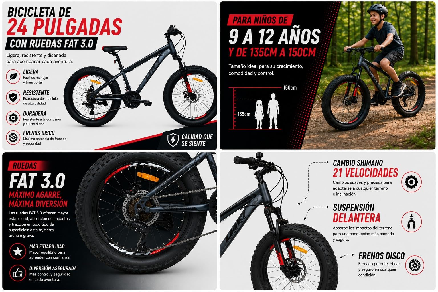 Bicicleta 24 Pulgadas niño 9-12 años | Bicicleta de montaña + Ruedas Fat 3.0 + 21 Velocidades Shimano + Suspensión Delantera | Ideal para Aventuras al Aire Libre