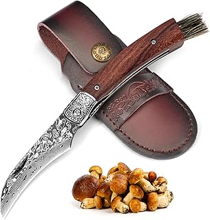 Mushroom Knife with Brush, Folding Foraging Knife with VG10 Damascus Steel Blade, Curved Blade Mushroom Harvesting Knives with Leather Sheath for Camping