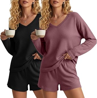 2 Pack Womens Waffle Pajama Set Lounge Set