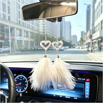 Zpana Bling Car Hanging Accessories, Crystal Rhinestone Love Heart Feather Vehicle Rear View Mirror Ornament Pendant, Lucky Diamond Auto Interior Rearview Charm Decoration, Universal Fit