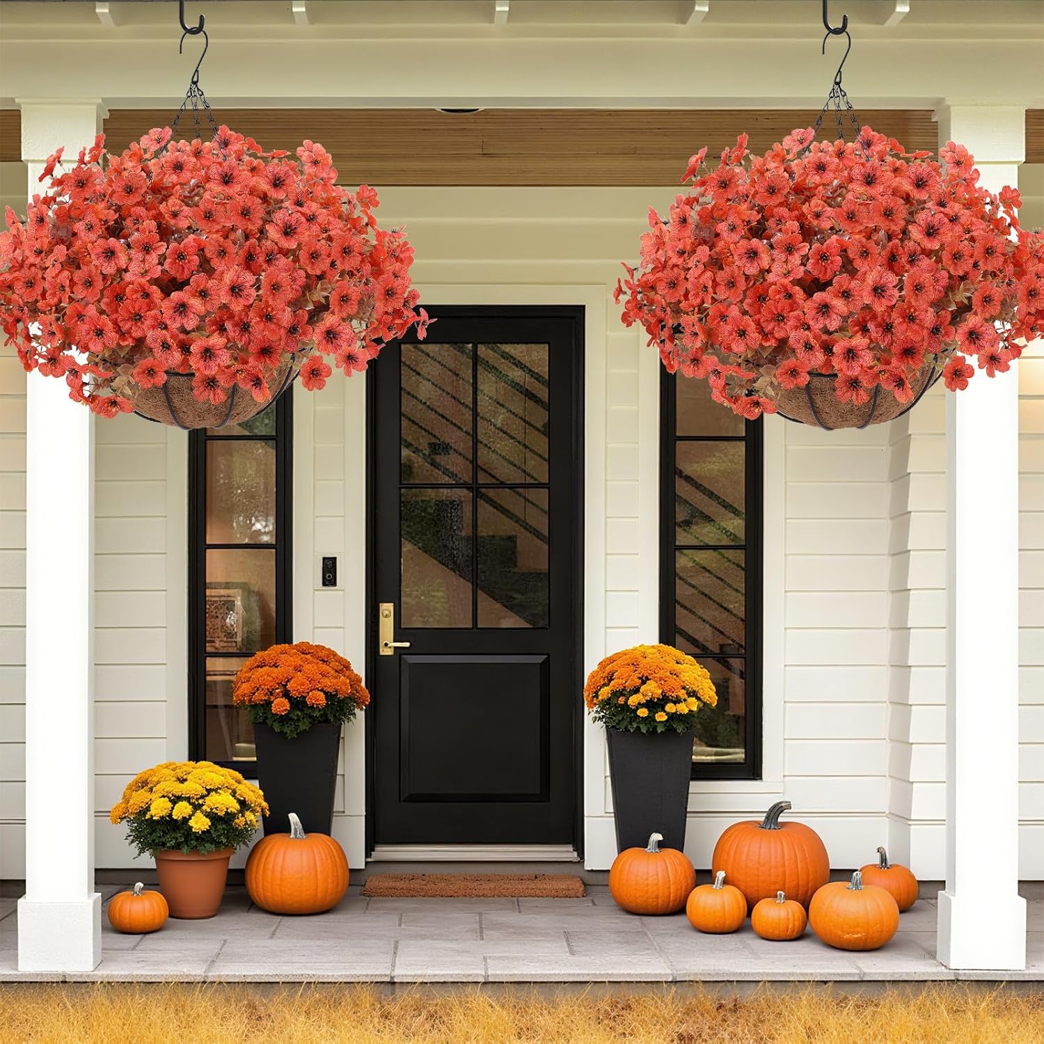 Geegoods Artificial Hanging Baskets for Outdoors Decoration, 24 Pcs Artficial Outdoor Flowers with Hanging Baskets UV Resistant Look Real Orange Mums for Autumn Porch Patio Balcony Yard Home Decor - Image 4