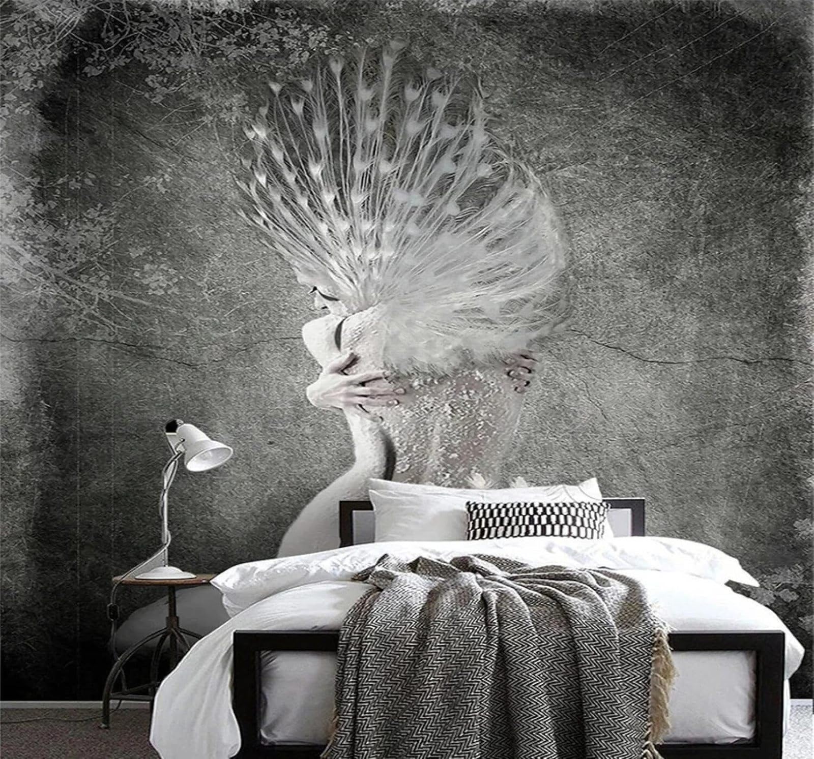 XLMING Nostalgic Creative Abstract Black and White Peacock 3D Wallpaper Luxury Home Dining Decor Paste Sofa Living Room The Wall for Bedroom Mural-300cm×210cm