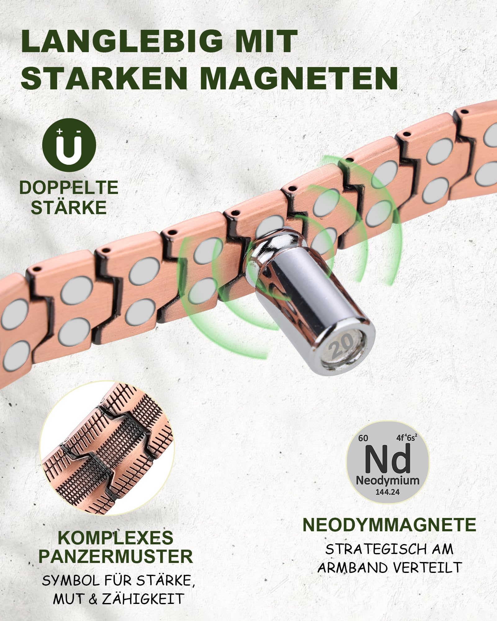 MagEnergy Kupferarmband für Männer, 99,99% reines Kupfer, doppelt starke Magnete, Magnetarmband mit Schmetterlingsverschluss, längenverstellbar inkl. Größenanpassungswerkzeug (Kupfer)