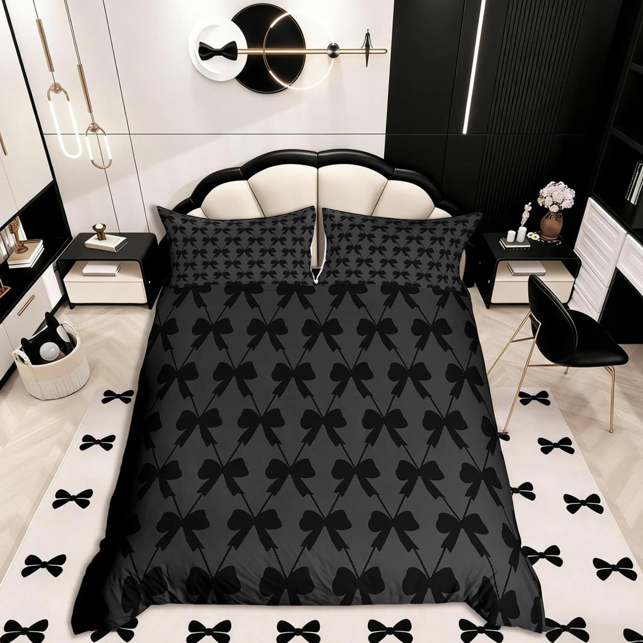 Homemissing Cute Bowknot Duvet Cover Set Cot Size for Kids Boys Girls Women Black Cute Bow Bedding Set for Women Kawaii Bow Duvet Cover with 1 Pillowcase Breathable Soft Princess Bedroom Decor