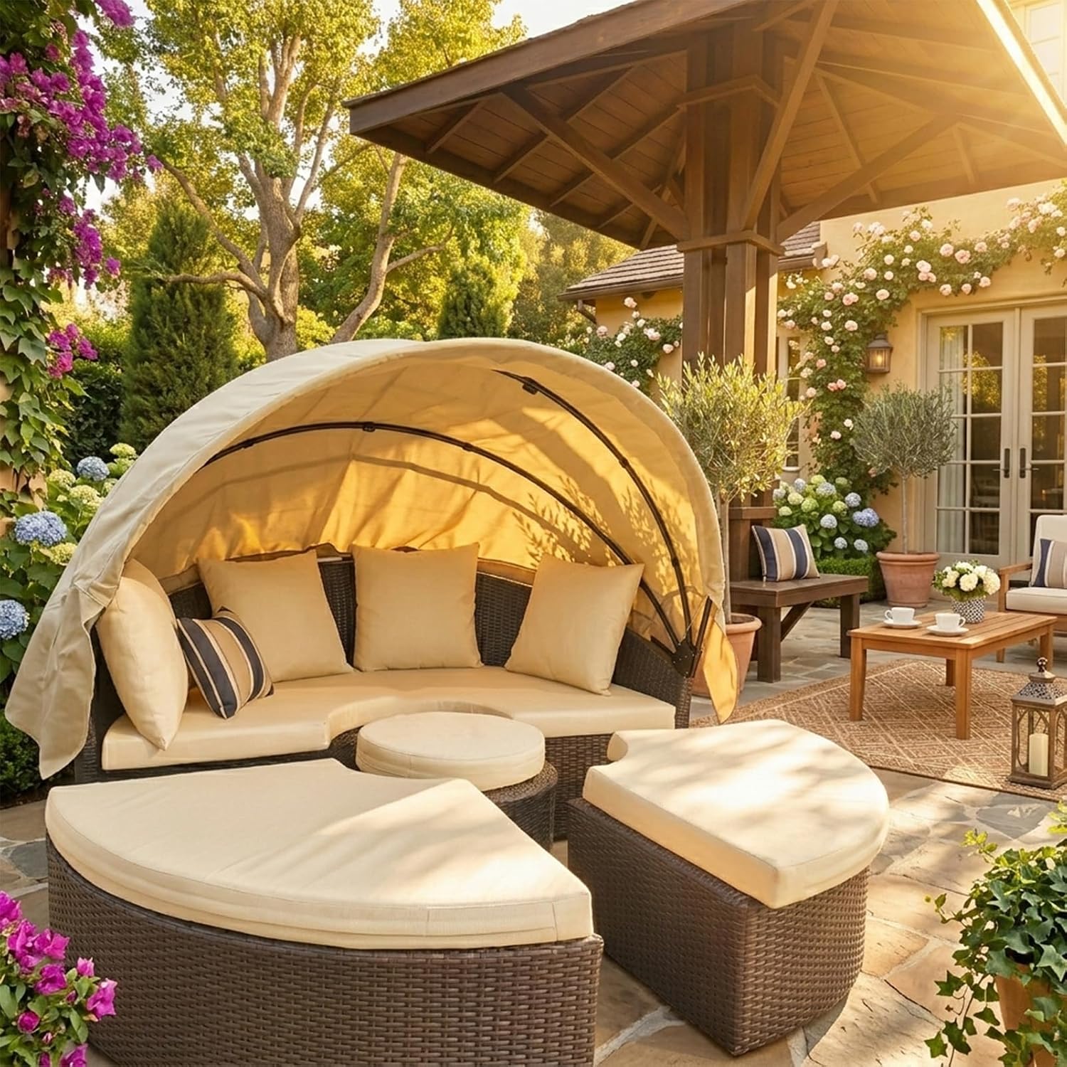 4 Pieces 66" Daybed Cushion Cover Outdoor Patio Replacement Round Daybed Sun Bed Covers with Zipper Water-Resistant Rattan Sectional Sofa Cushion Cover-Shape B (Khaki, 66×66×3.1")