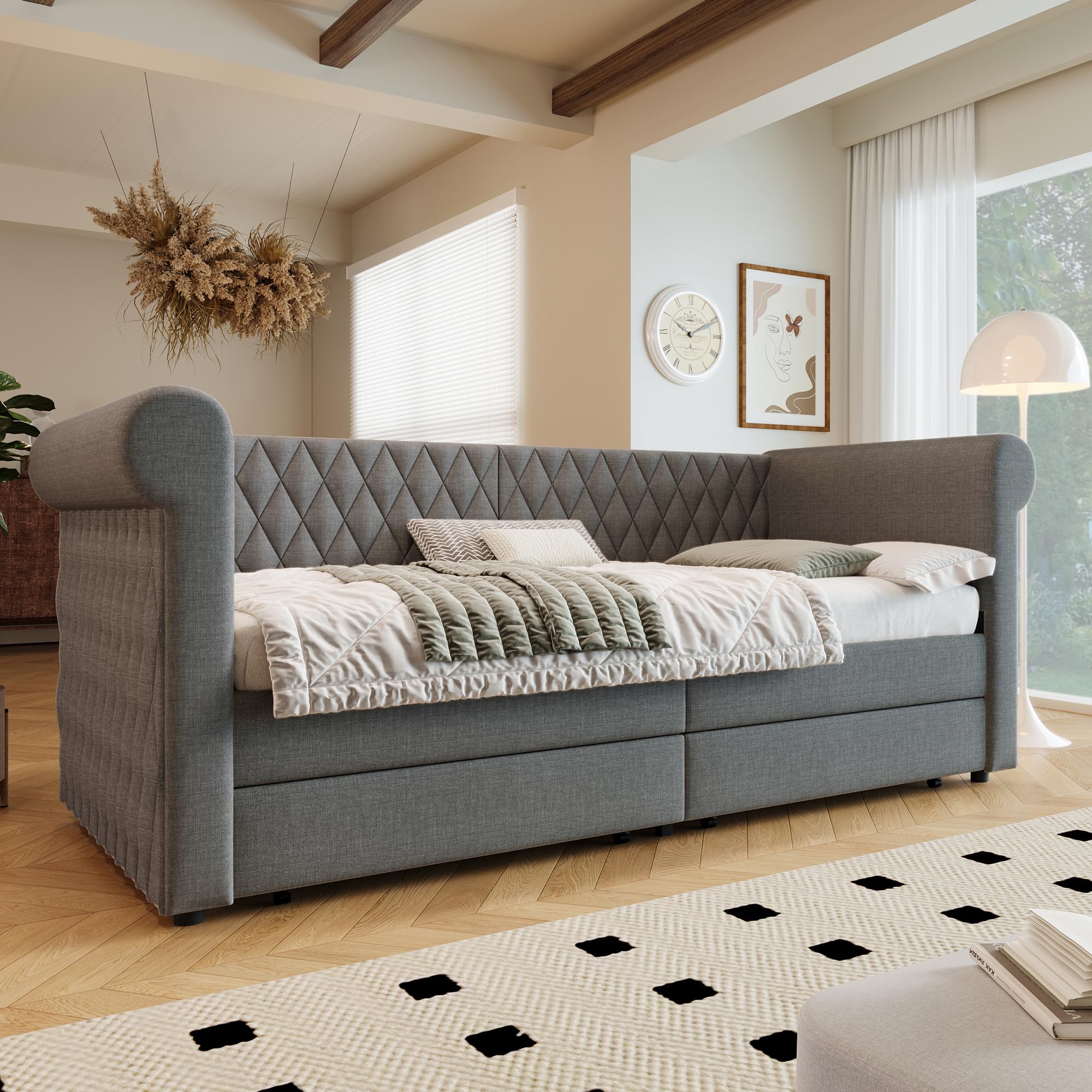 Soweiz Testiera vintage letto imbottito divano letto, divano letto letto singolo con 2 cassetti portaoggetti, letto per bambini letto per giovani telaio del letto con rete a doghe in legno, lino