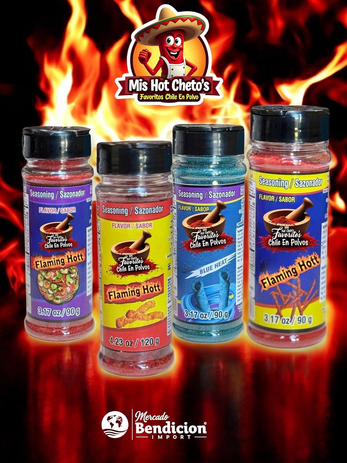 Flaming Hot Flavored Chili Powder pack 4 (Pack 4, Tost, Flaming Hott, Blue Tak, Purp Taki)