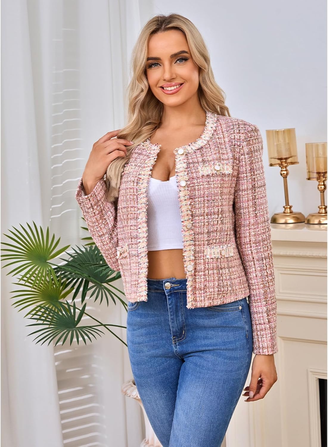 Women's Tweed Blazers Cropped Long Sleeve Crewneck Open Front Lace Trim Lightweight Plaid Work Business Jackets - Image 4